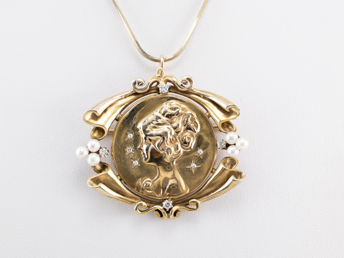 Diamond Pearl Gold Portrait Brooch Pendant