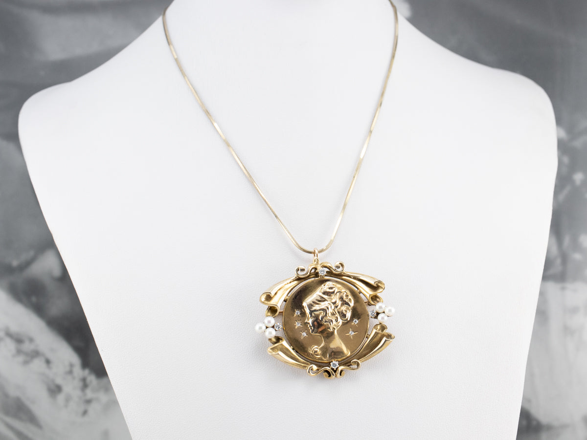 Diamond Pearl Gold Portrait Brooch Pendant