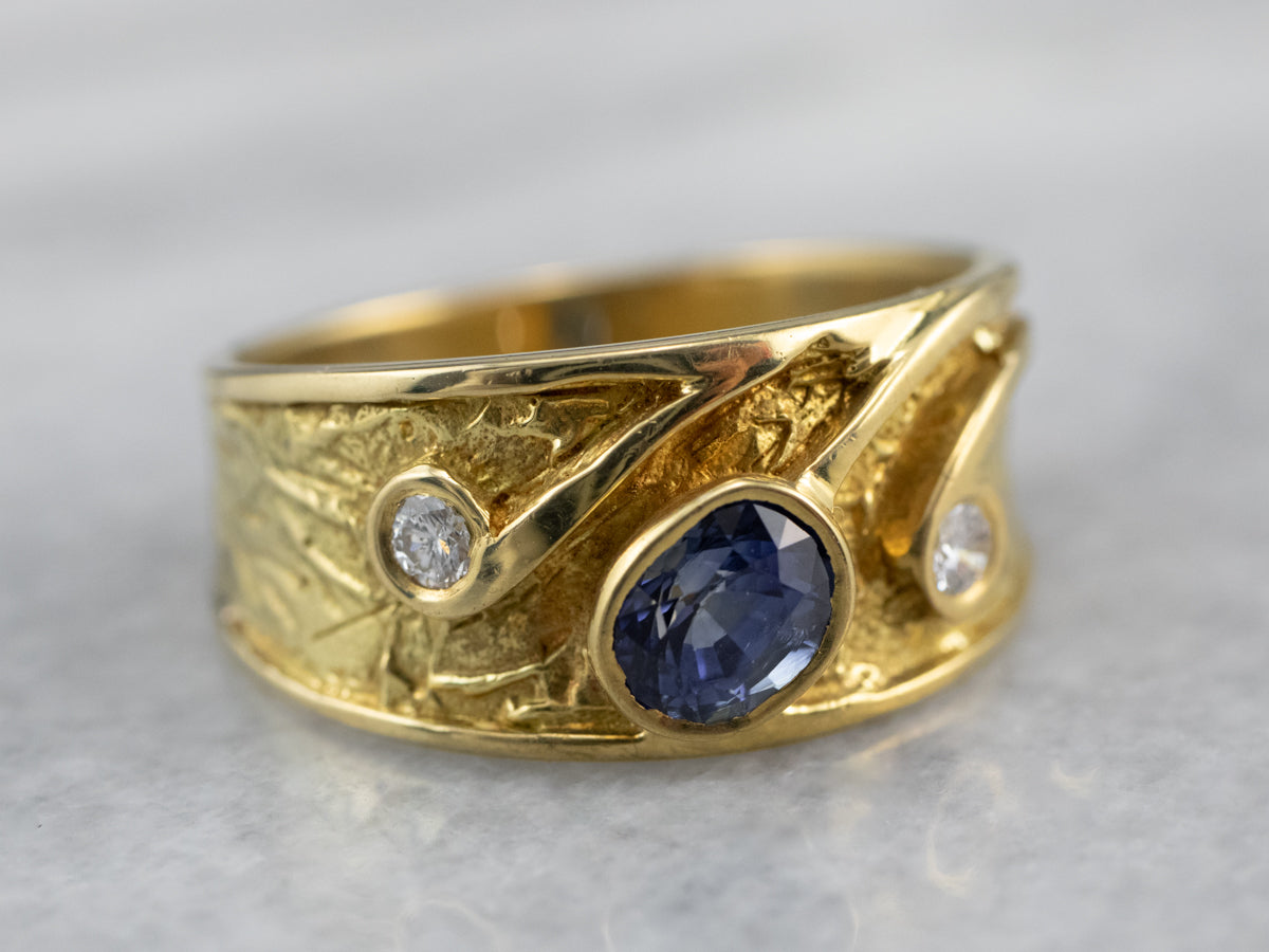 Textured Gold Sapphire and Diamond Band