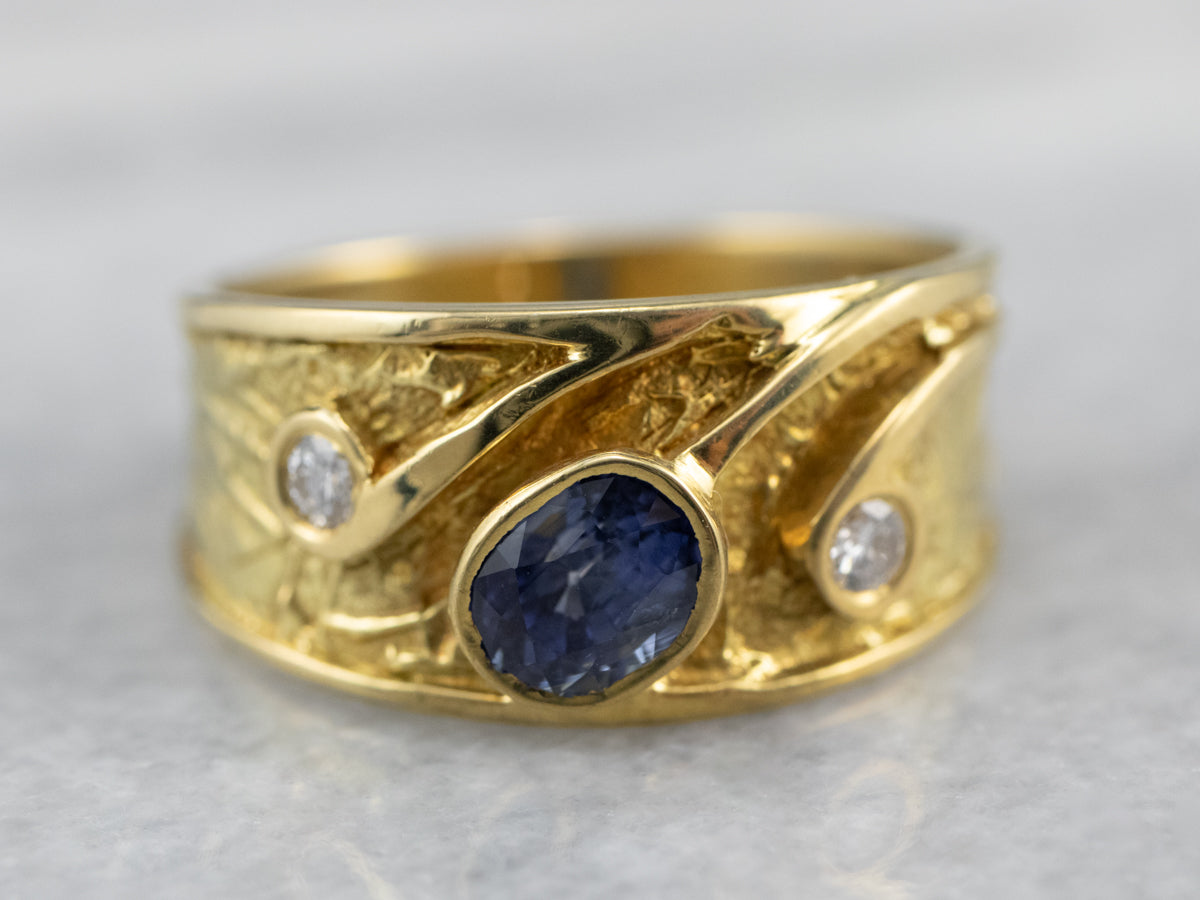 Textured Gold Sapphire and Diamond Band
