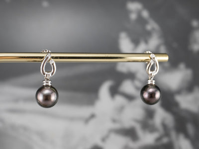 White Gold Black Pearl and Diamond Drop Earrings