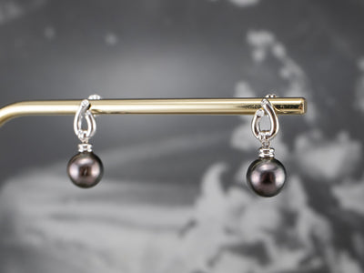 White Gold Black Pearl and Diamond Drop Earrings