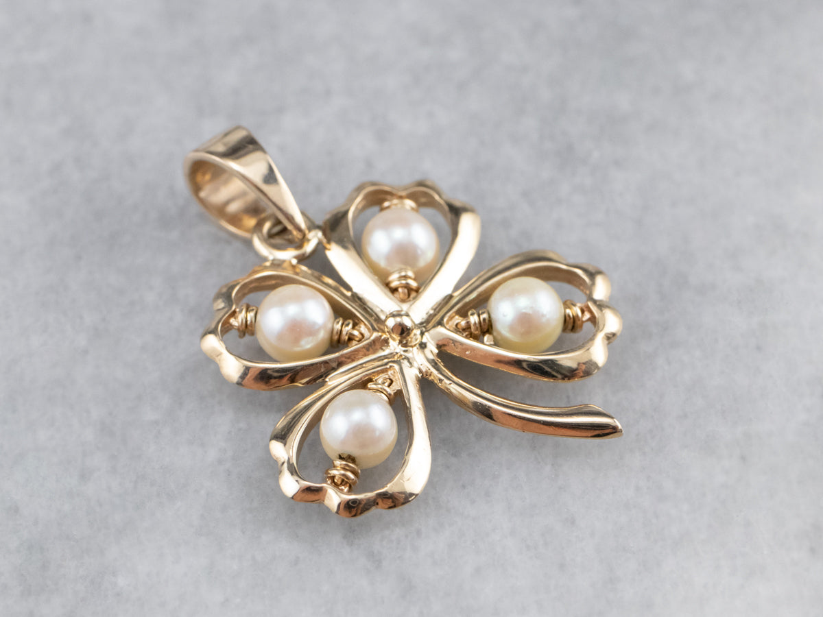 Pearl Four Leaf Clover Gold Charm