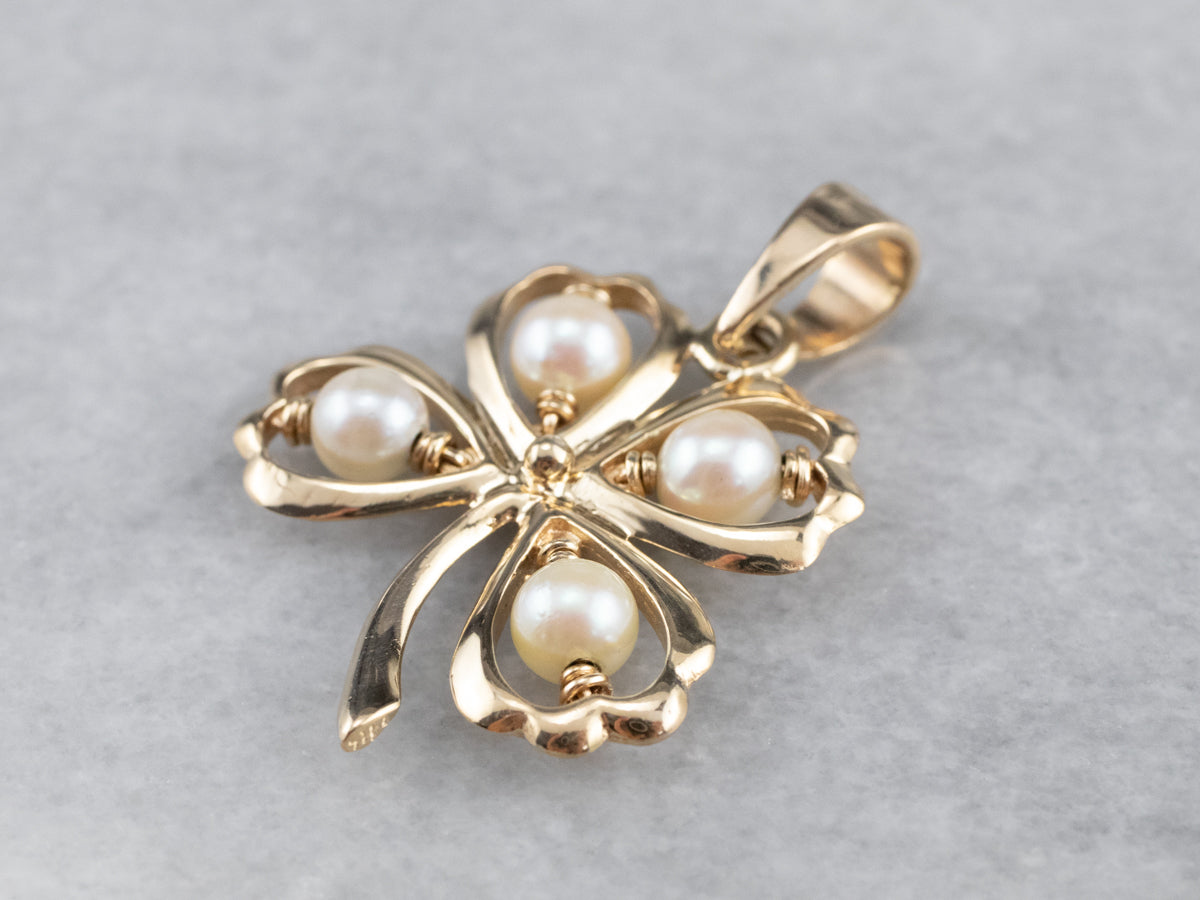 Pearl Four Leaf Clover Gold Charm