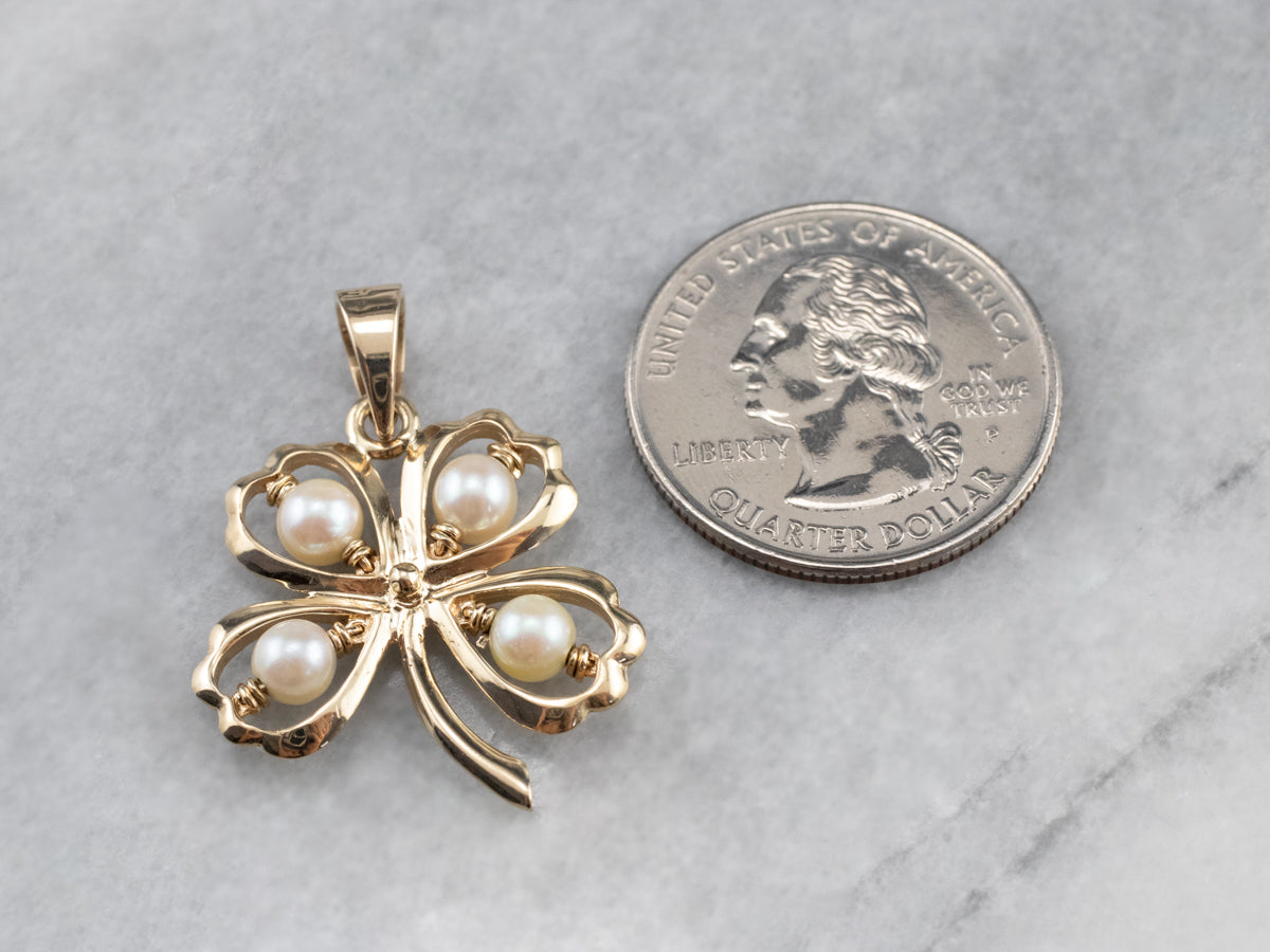 Pearl Four Leaf Clover Gold Charm