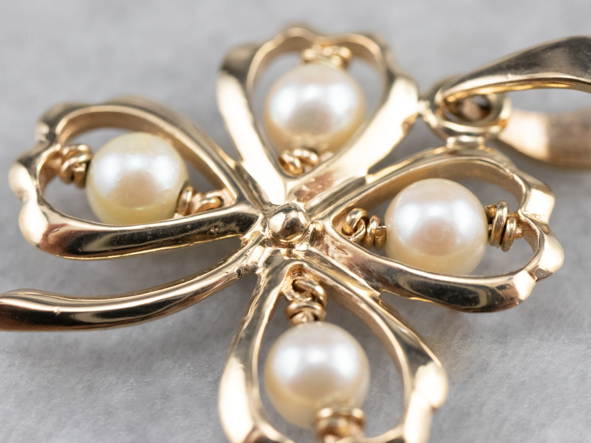 Pearl Four Leaf Clover Gold Charm