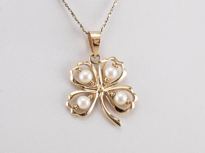 Pearl Four Leaf Clover Gold Charm
