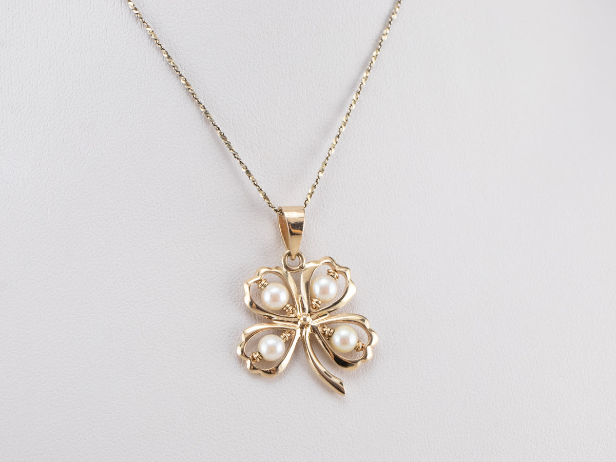 Pearl Four Leaf Clover Gold Charm