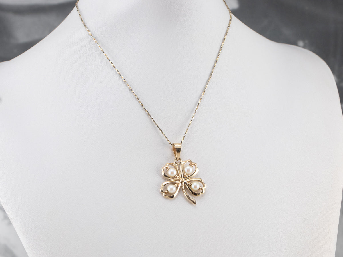 Pearl Four Leaf Clover Gold Charm