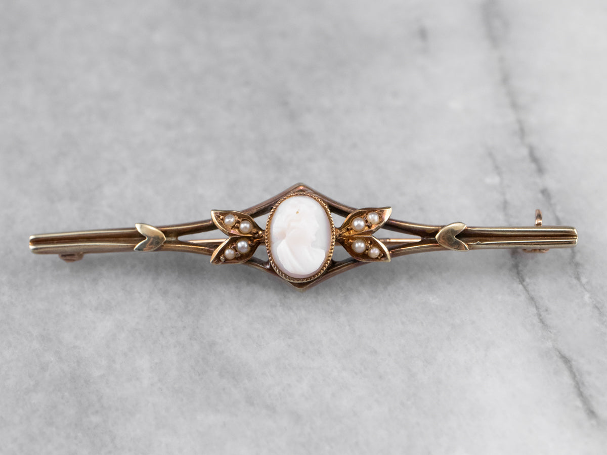Victorian Cameo Seed Pearl Gold Brooch