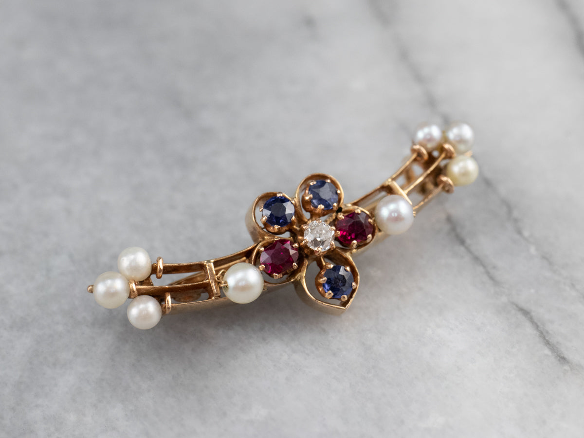 Old Mine Cut Diamond Ruby Sapphire and Pearl Brooch