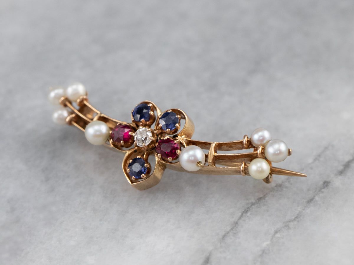 Broche de perlas y zafiros rubíes con diamantes talla Old Mine
