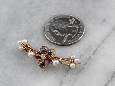 Old Mine Cut Diamond Ruby Sapphire and Pearl Brooch