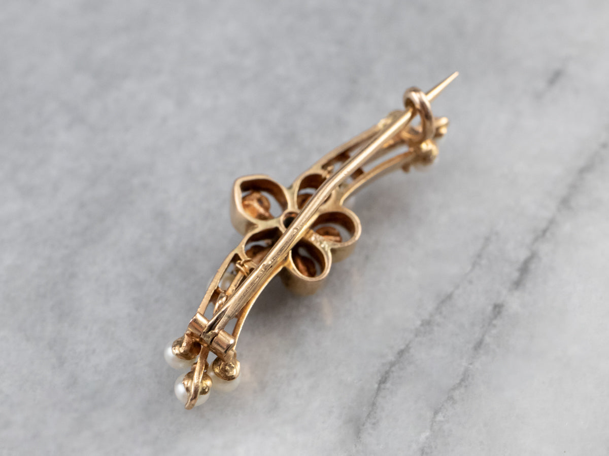 Broche de perlas y zafiros rubíes con diamantes talla Old Mine