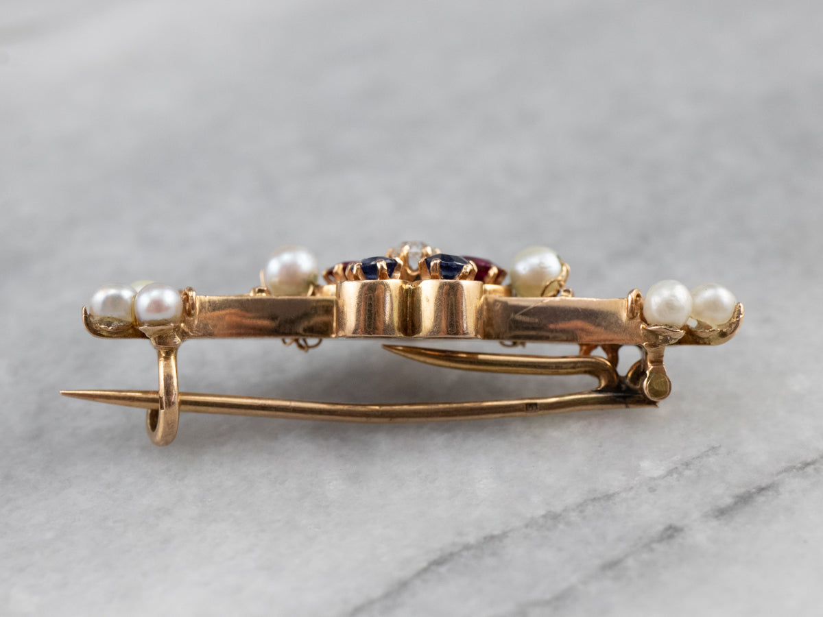 Broche de perlas y zafiros rubíes con diamantes talla Old Mine