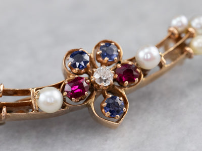 Old Mine Cut Diamond Ruby Sapphire and Pearl Brooch
