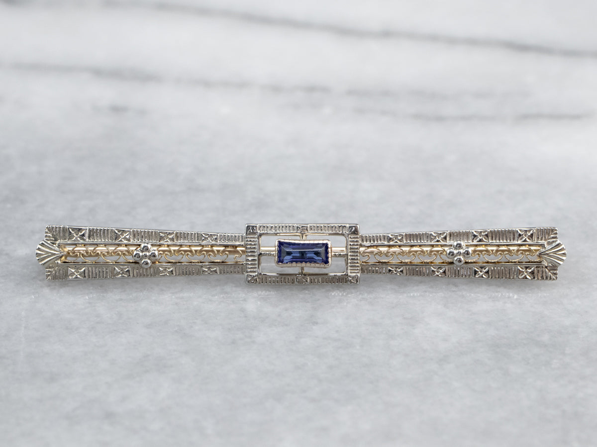 Art Deco Synthetic Sapphire Filigree Brooch