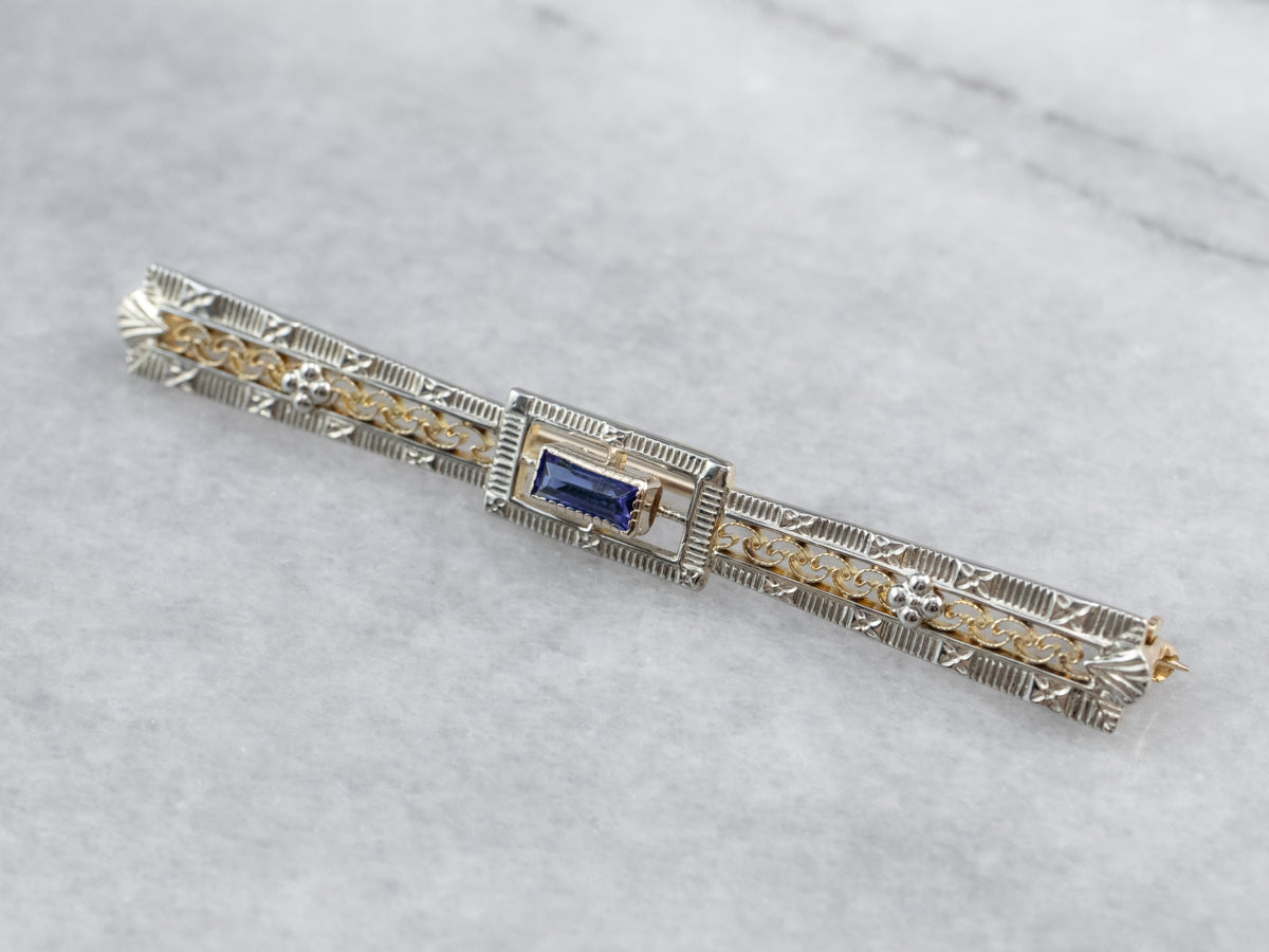 Art Deco Synthetic Sapphire Filigree Brooch
