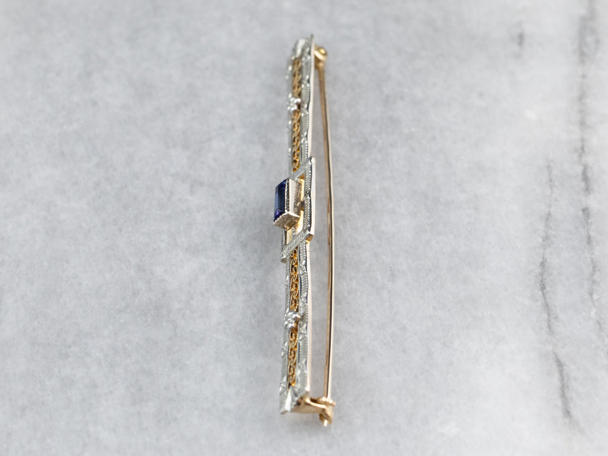 Art Deco Synthetic Sapphire Filigree Brooch