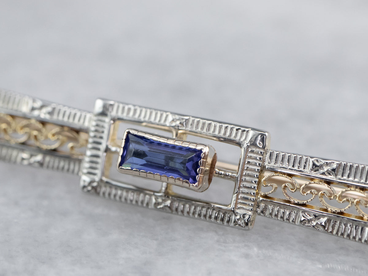 Art Deco Synthetic Sapphire Filigree Brooch