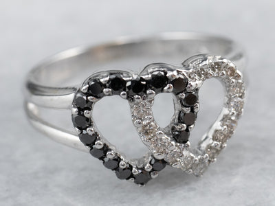 Interlocking Black and White Diamond Heart Ring