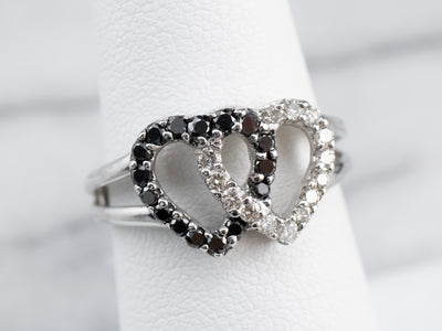 Interlocking Black and White Diamond Heart Ring