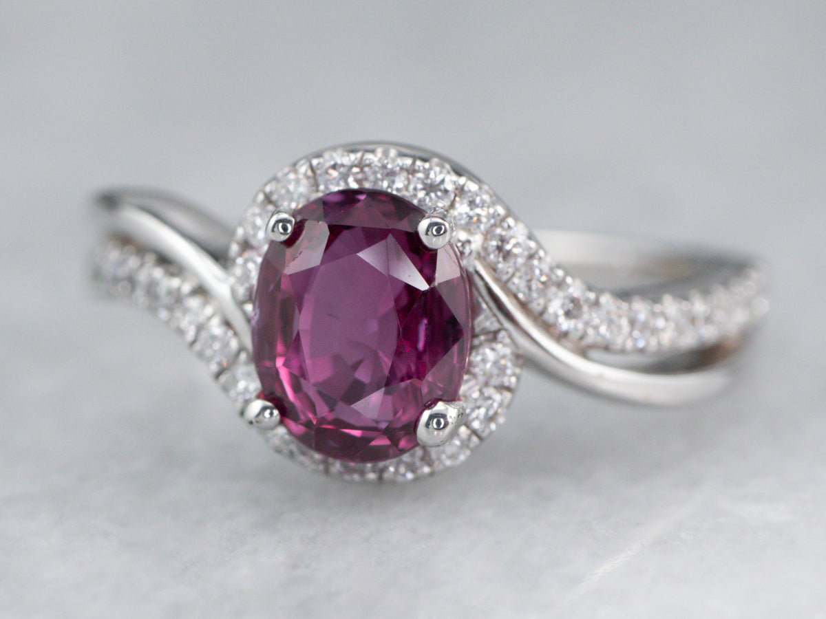 Modern Ruby Diamond Halo White Gold Engagement Ring