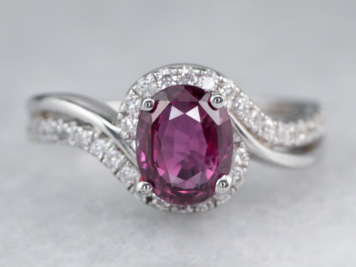 Modern Ruby Diamond Halo White Gold Engagement Ring