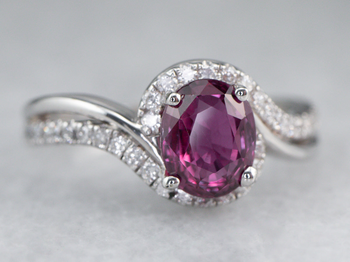 Modern Ruby Diamond Halo White Gold Engagement Ring