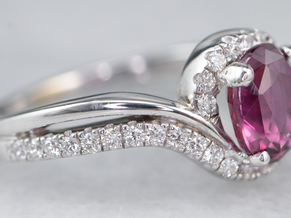 Modern Ruby Diamond Halo White Gold Engagement Ring