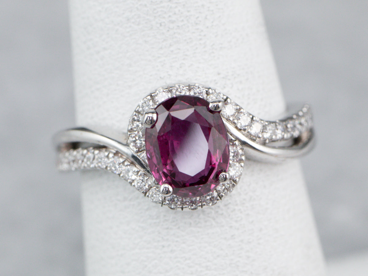 Modern Ruby Diamond Halo White Gold Engagement Ring