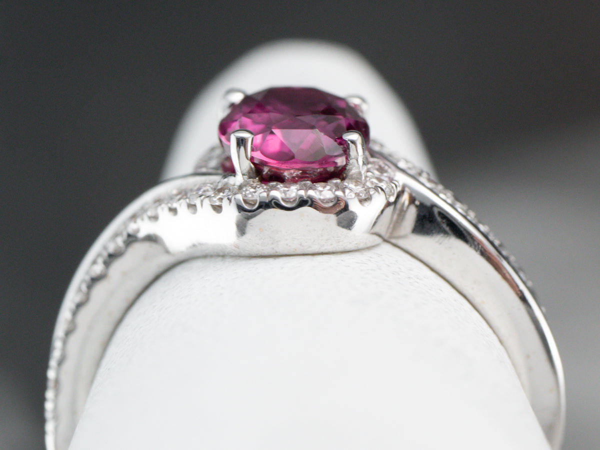 Modern Ruby Diamond Halo White Gold Engagement Ring