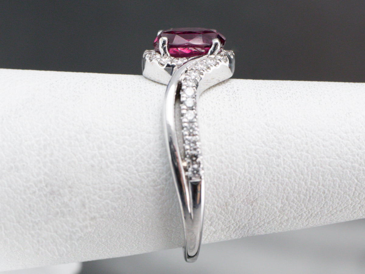 Modern Ruby Diamond Halo White Gold Engagement Ring