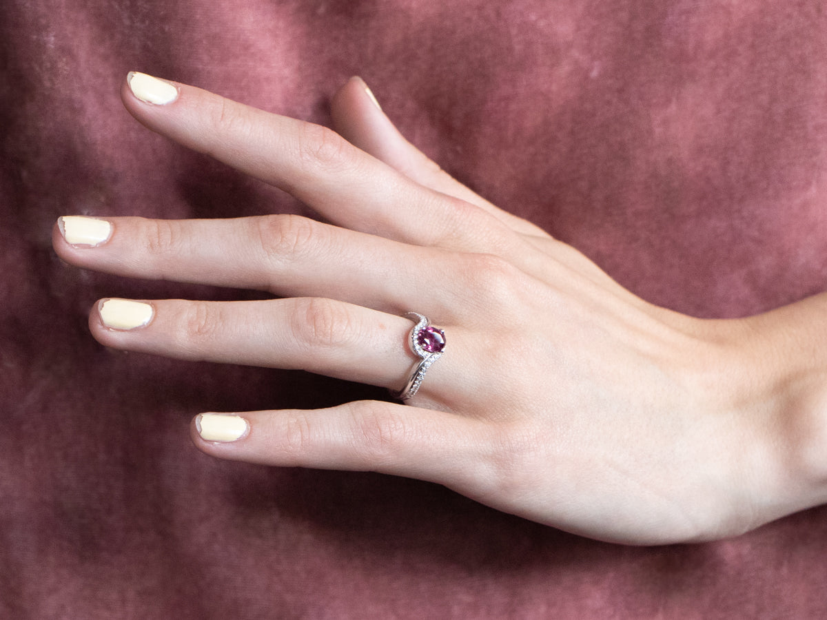 Modern Ruby Diamond Halo White Gold Engagement Ring