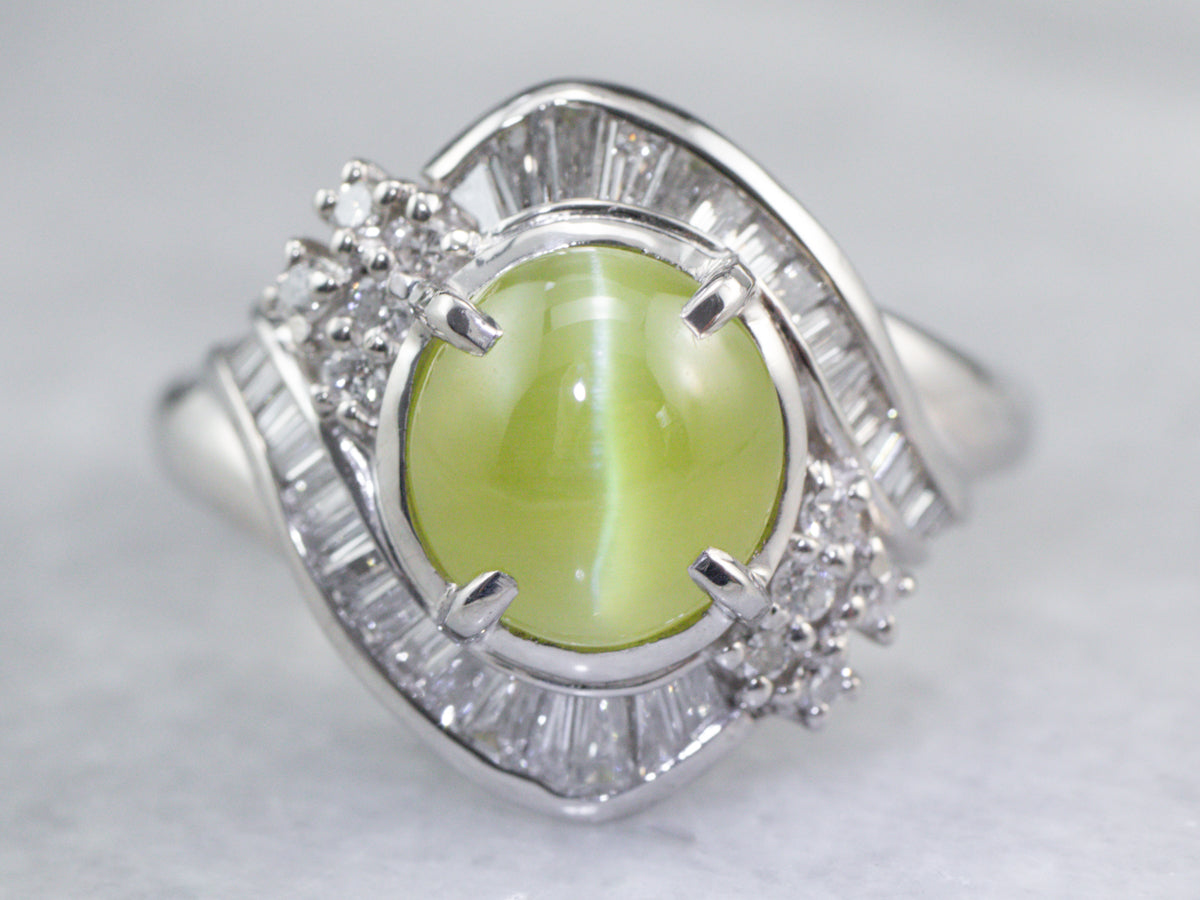 Cat's Eye Chrysoberyl Diamond Halo Platinum Ring
