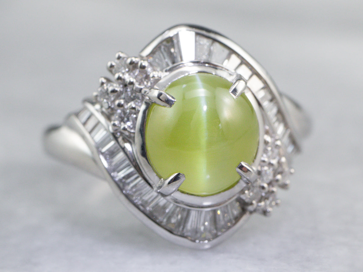 Cat's Eye Chrysoberyl Diamond Halo Platinum Ring