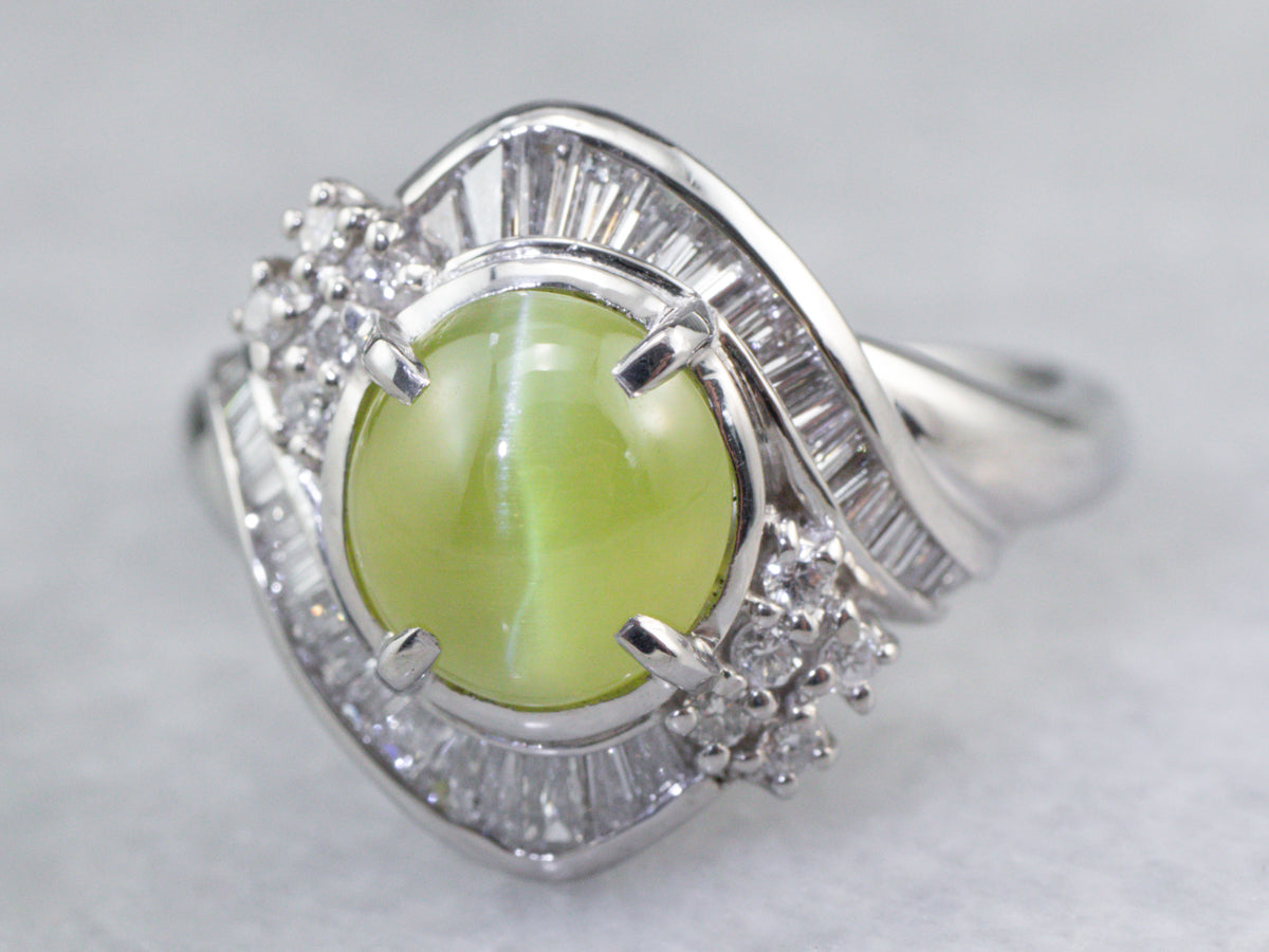 Cat's Eye Chrysoberyl Diamond Halo Platinum Ring