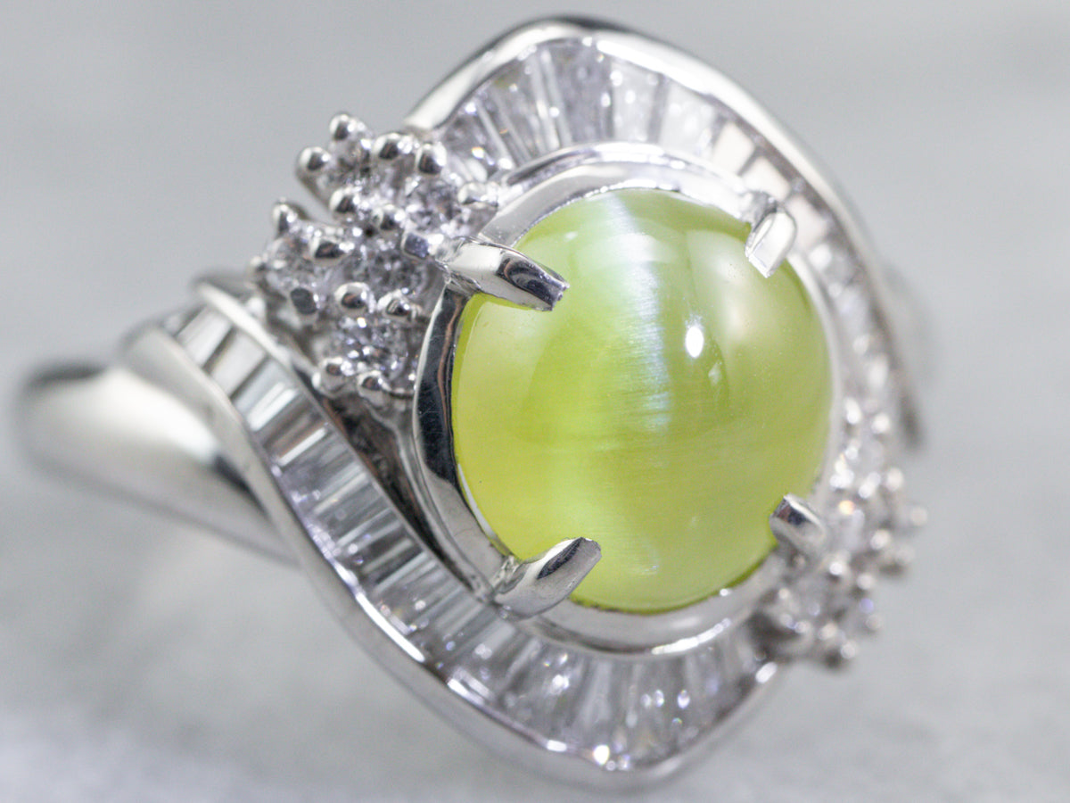 Cat's Eye Chrysoberyl Diamond Halo Platinum Ring