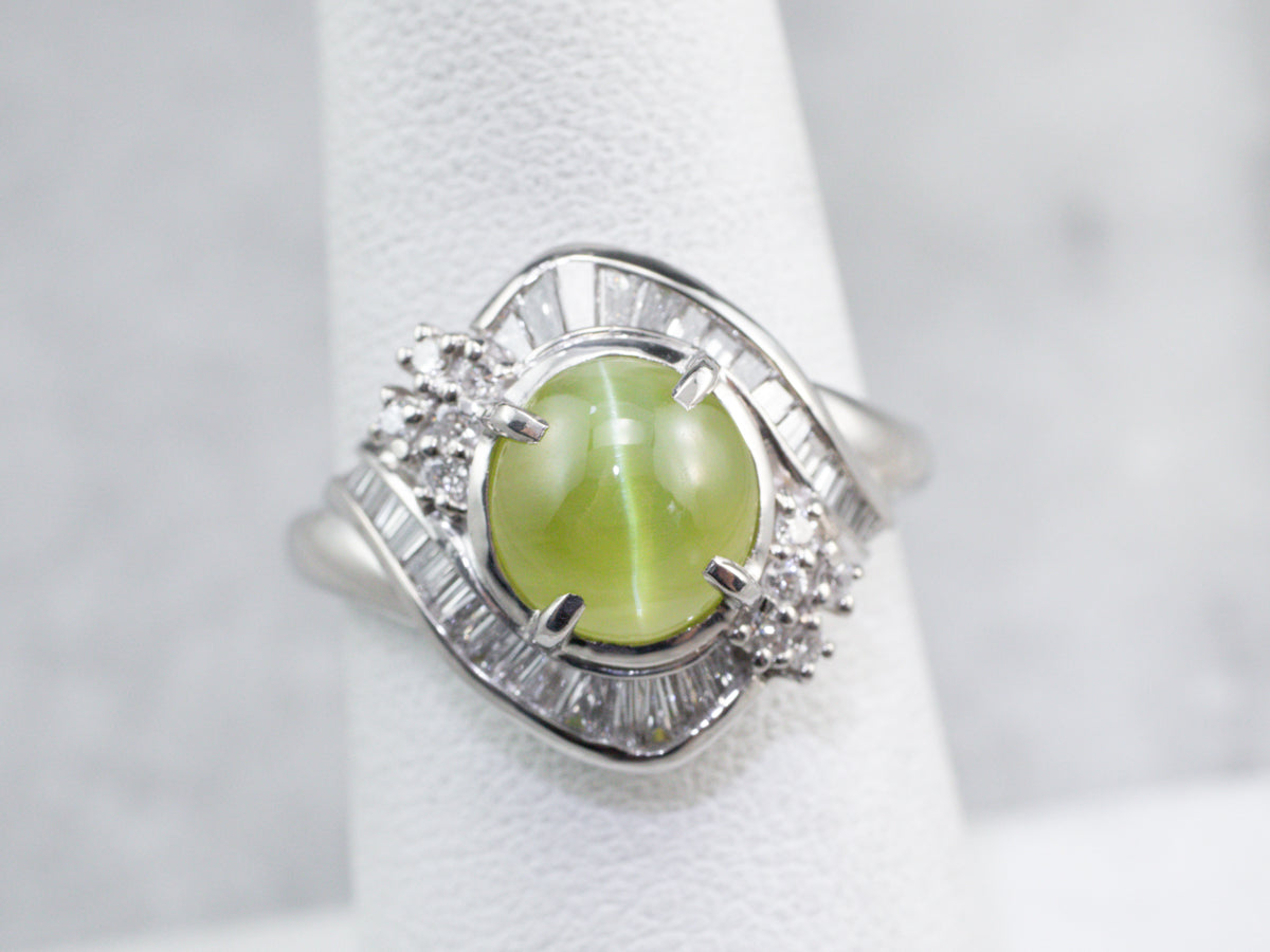 Cat's Eye Chrysoberyl Diamond Halo Platinum Ring