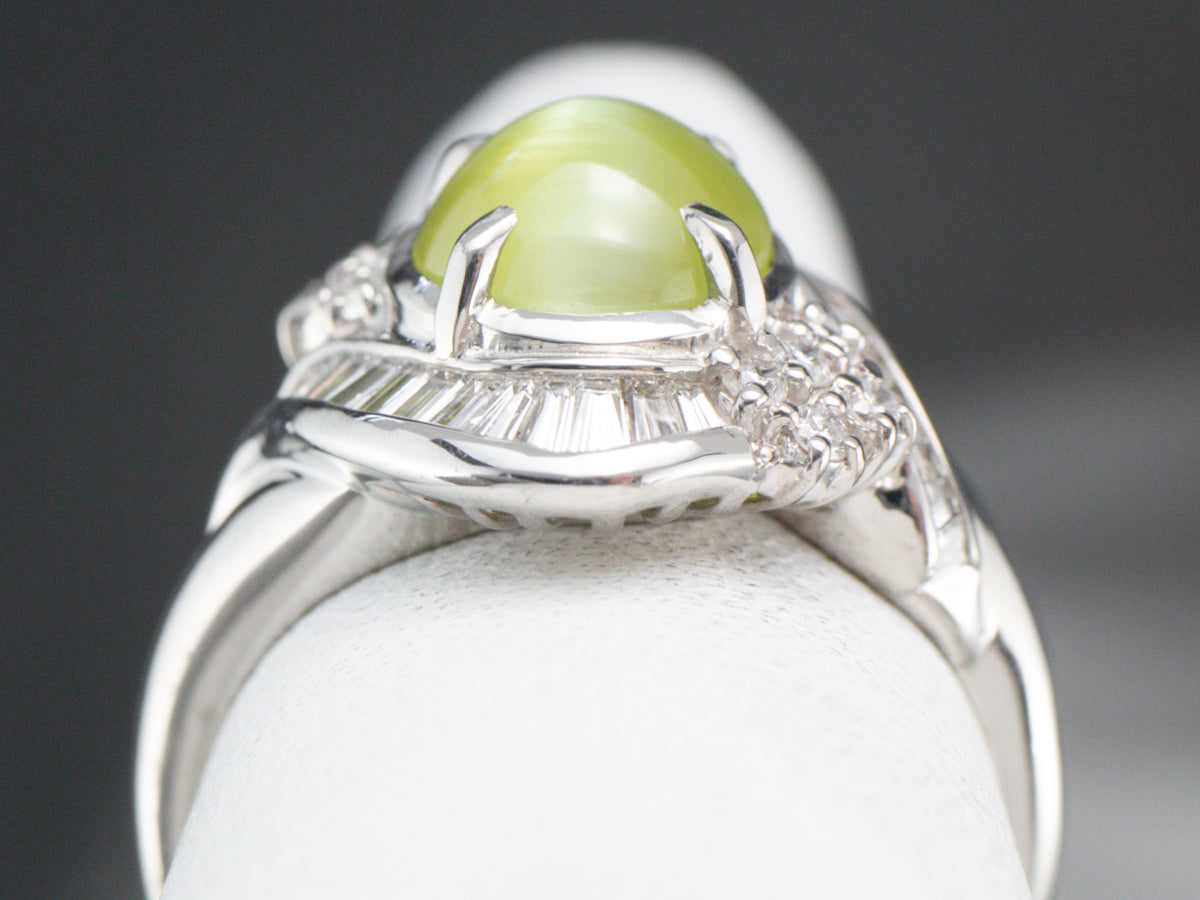 Cat's Eye Chrysoberyl Diamond Halo Platinum Ring
