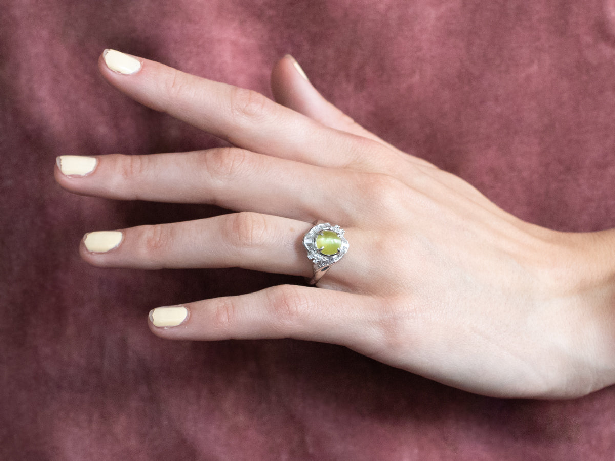 Cat's Eye Chrysoberyl Diamond Halo Platinum Ring