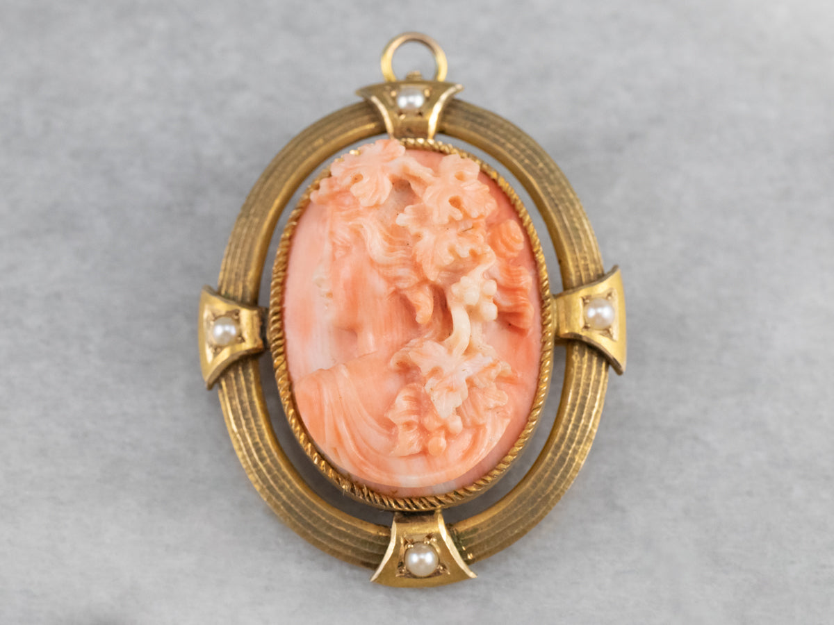 Antique Pink Coral Cameo Pin or Pendant