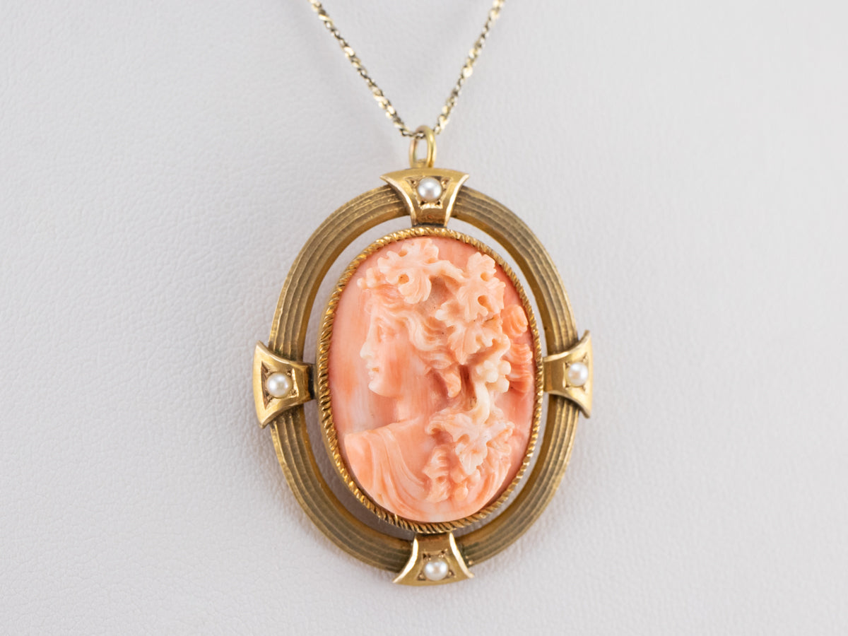 Antique Pink Coral Cameo Pin or Pendant