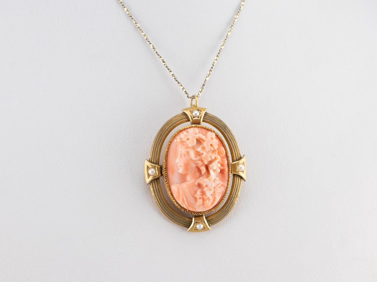 Antique Pink Coral Cameo Pin or Pendant