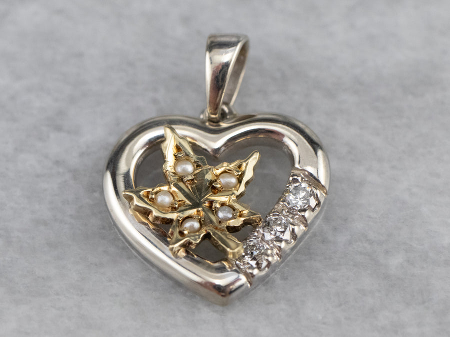 Seed Pearl Maple Leaf and Diamond Heart Pendant