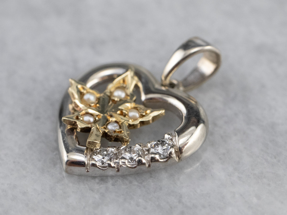 Seed Pearl Maple Leaf and Diamond Heart Pendant
