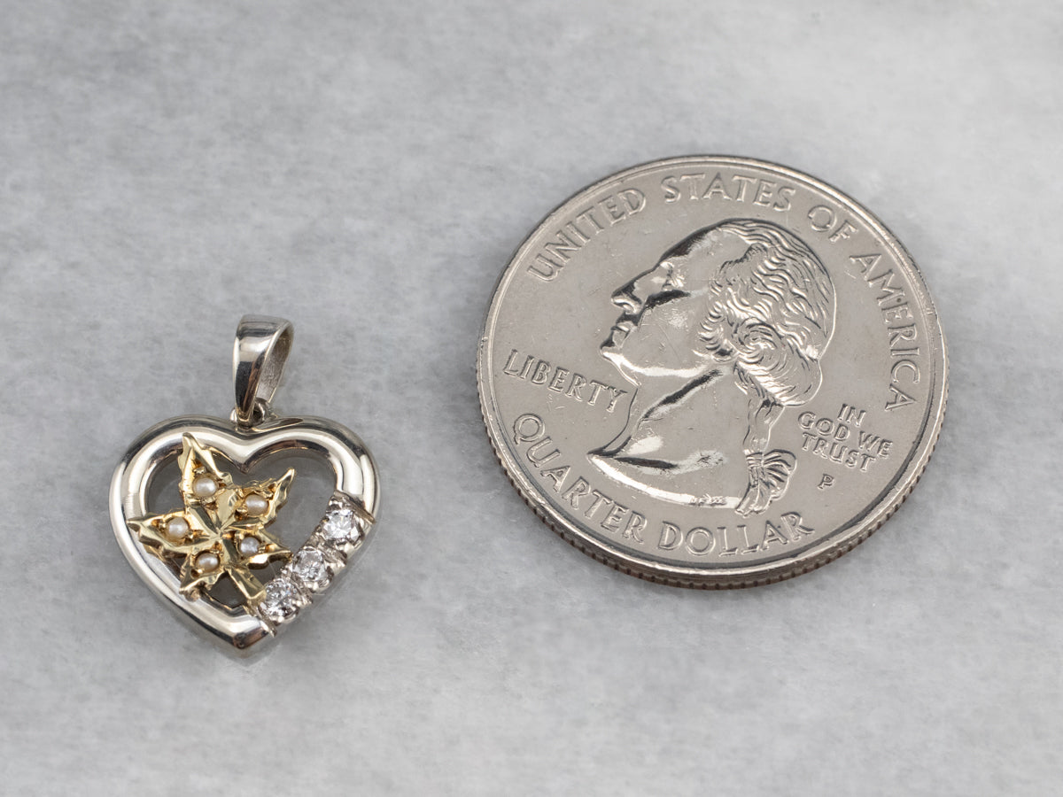 Seed Pearl Maple Leaf and Diamond Heart Pendant