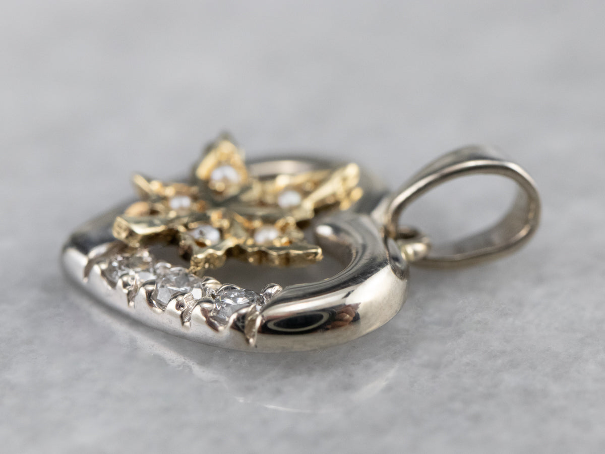 Seed Pearl Maple Leaf and Diamond Heart Pendant