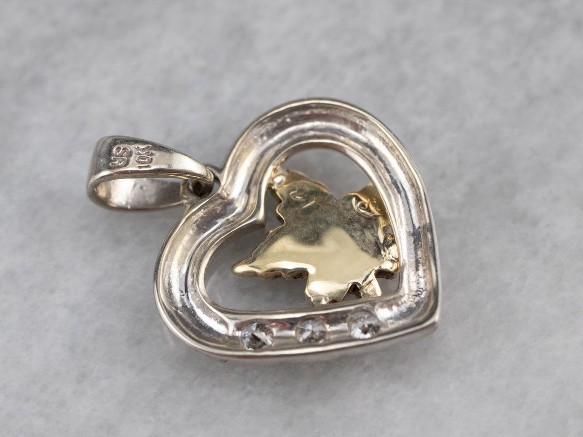 Seed Pearl Maple Leaf and Diamond Heart Pendant