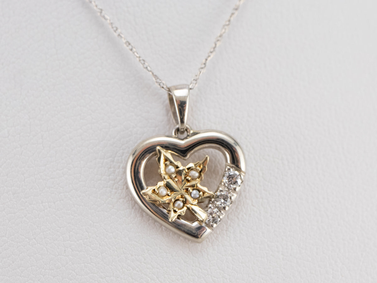 Seed Pearl Maple Leaf and Diamond Heart Pendant